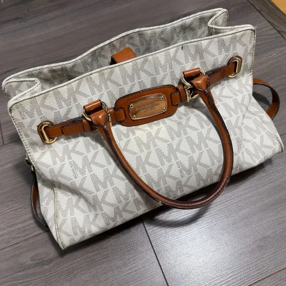 MICHAEL KORS Hamilton White Monogram Tote with Brown Leather Trim - Picture 1 of 13